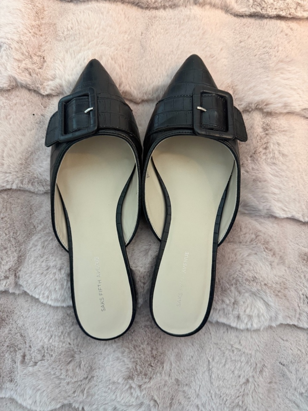 Saks Fifth Avenue Black Croc-Embossed Pointed Slip-On Mules with Buckle